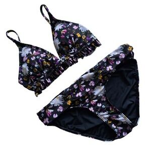 La Vie en Rose Aqua Women's 2 Piece Mini Floral Triangle Bikini Black Size Small